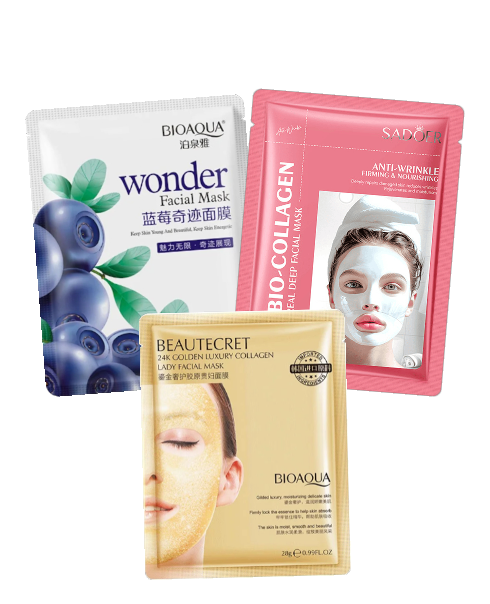 Маски для обличчя: Гідрогелева маска Beautecret 24K Golden, Тканинна маска Bioaqua Wonder, Колагенова маска для обличчя Sadoer